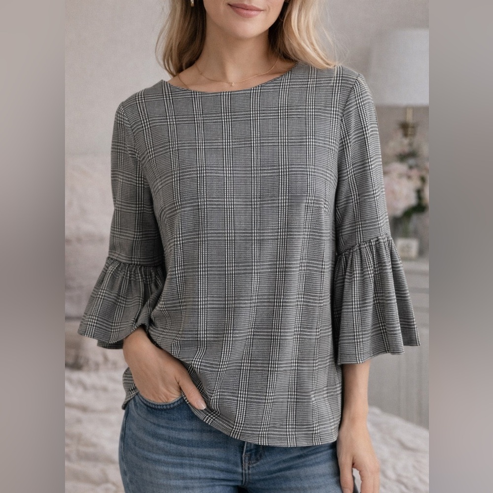 Calvin Klein Women's Checkered Bell Sleeve Blouse